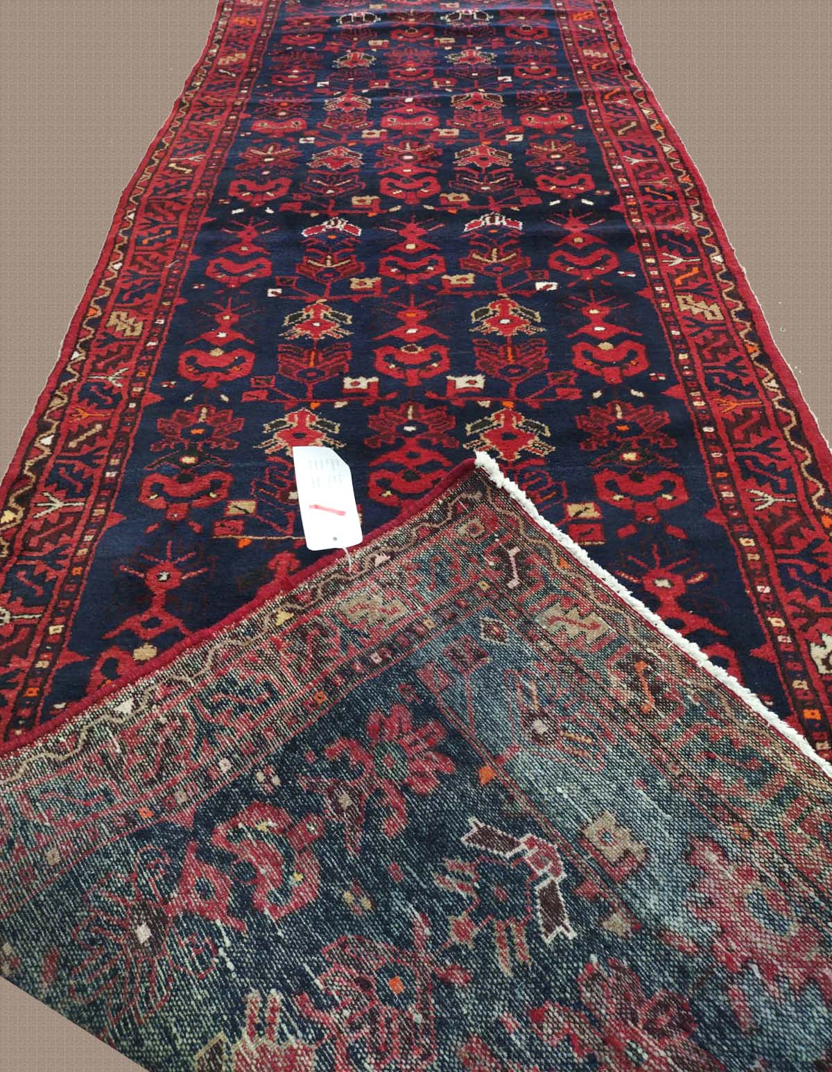3'7"X11' Persian Handmade Red And Blue Old Runner Rug – 3'7" × 11'