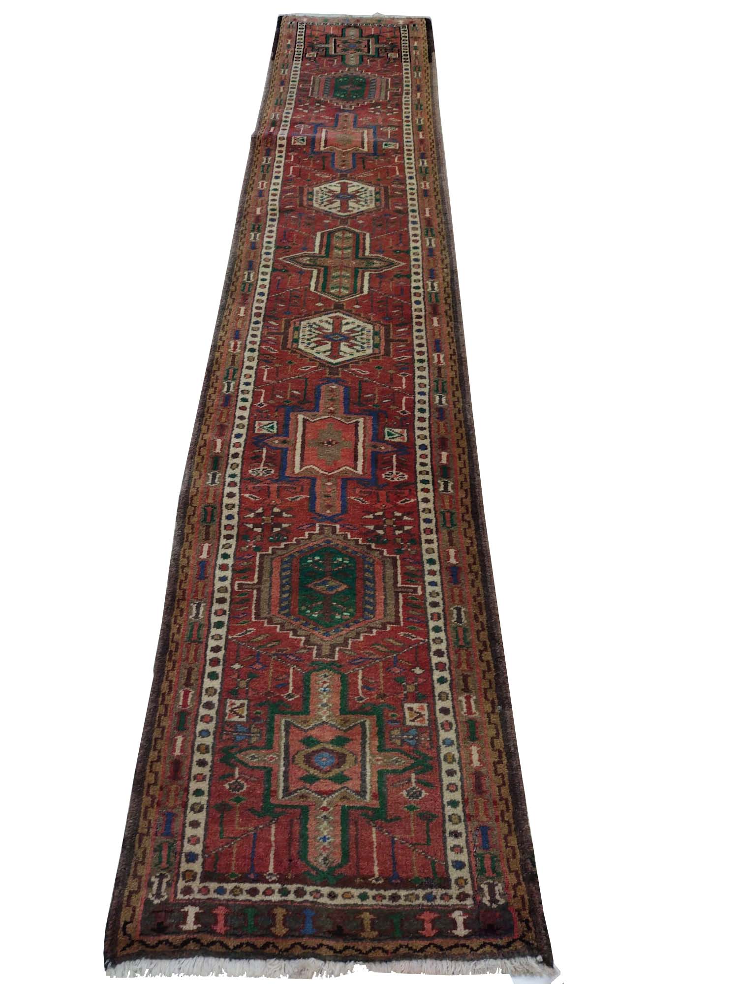 3'X11' Geometric Persian Karaja Handmade Vintage Runner Rug – 3' × 11'