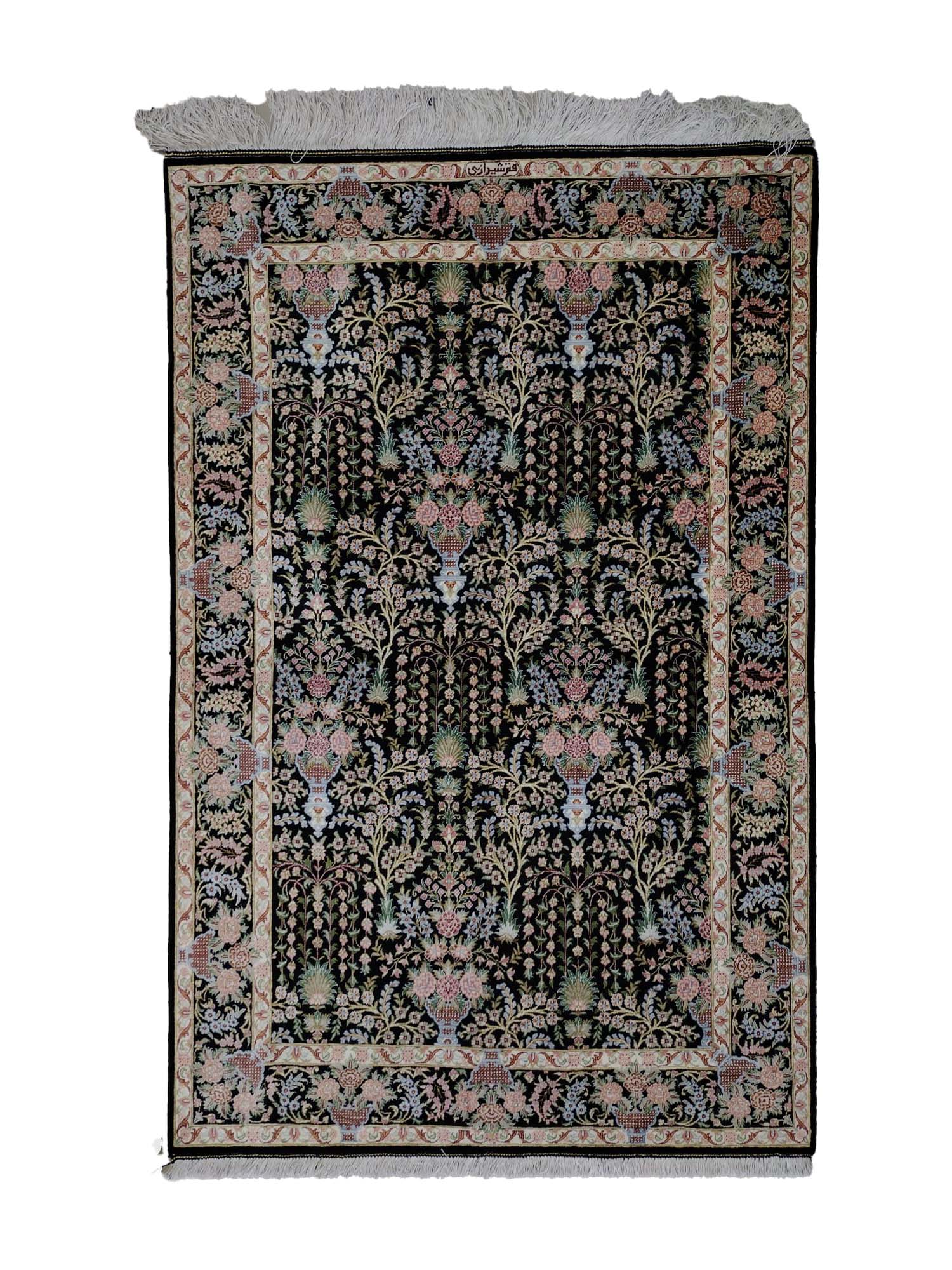 3'X5' Ghoum Silk/Persian Handmade Black/Pink Floral Area Rug-360_21 – 3' × 5'