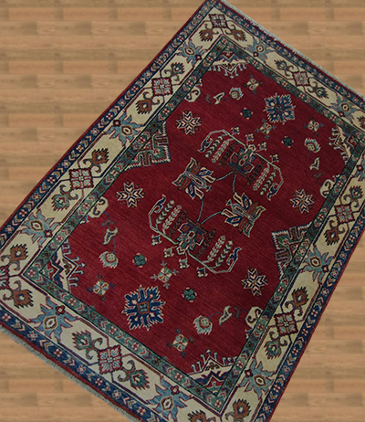 4'1" X 5'9" Pakistan Hand Knotted Red And Blue Kazak Rug – 4'1" × 5'9"