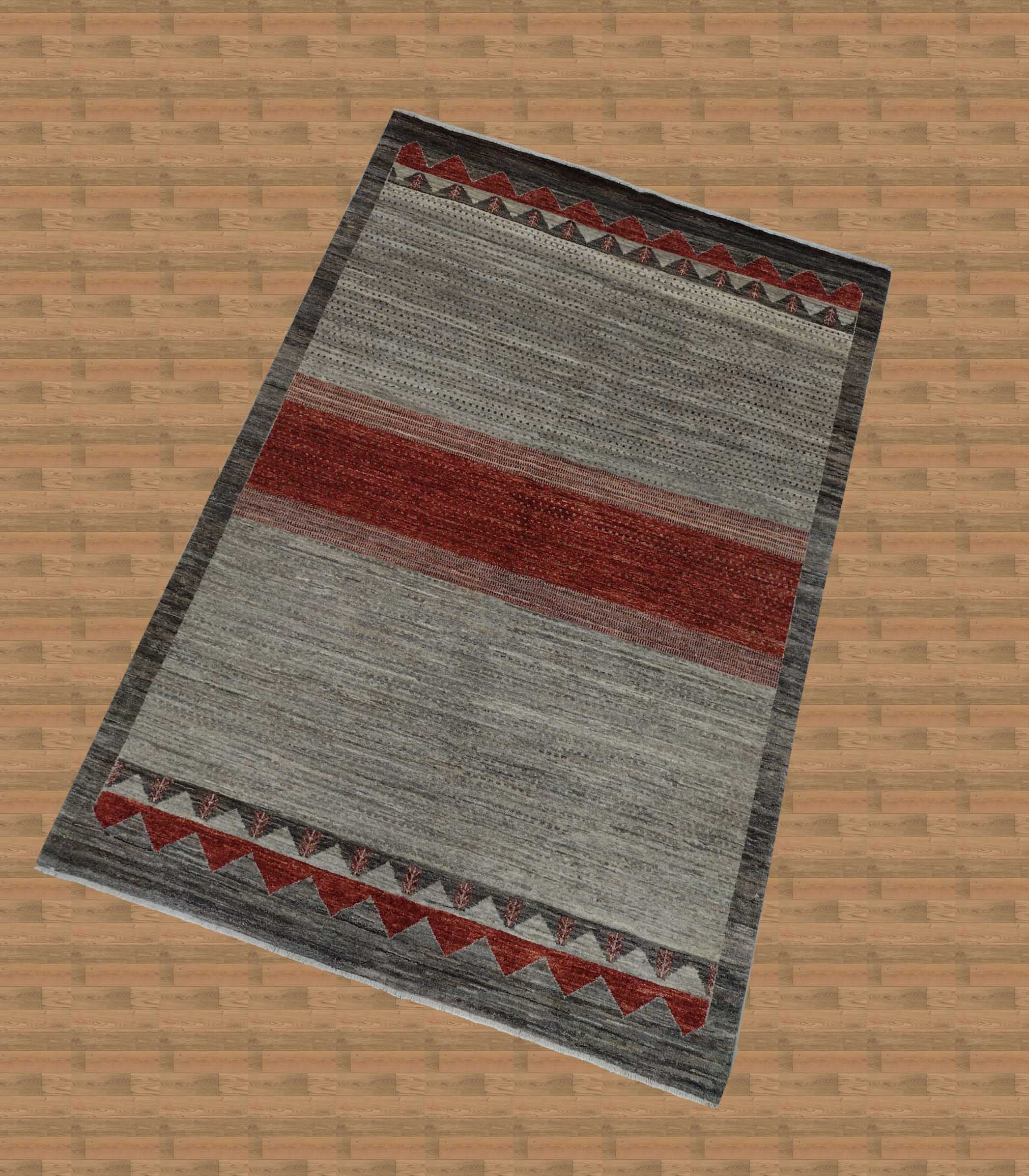 4'x6' Pakistan Handmade Unique Gray/Red Striped Area Rug – 4' × 6'