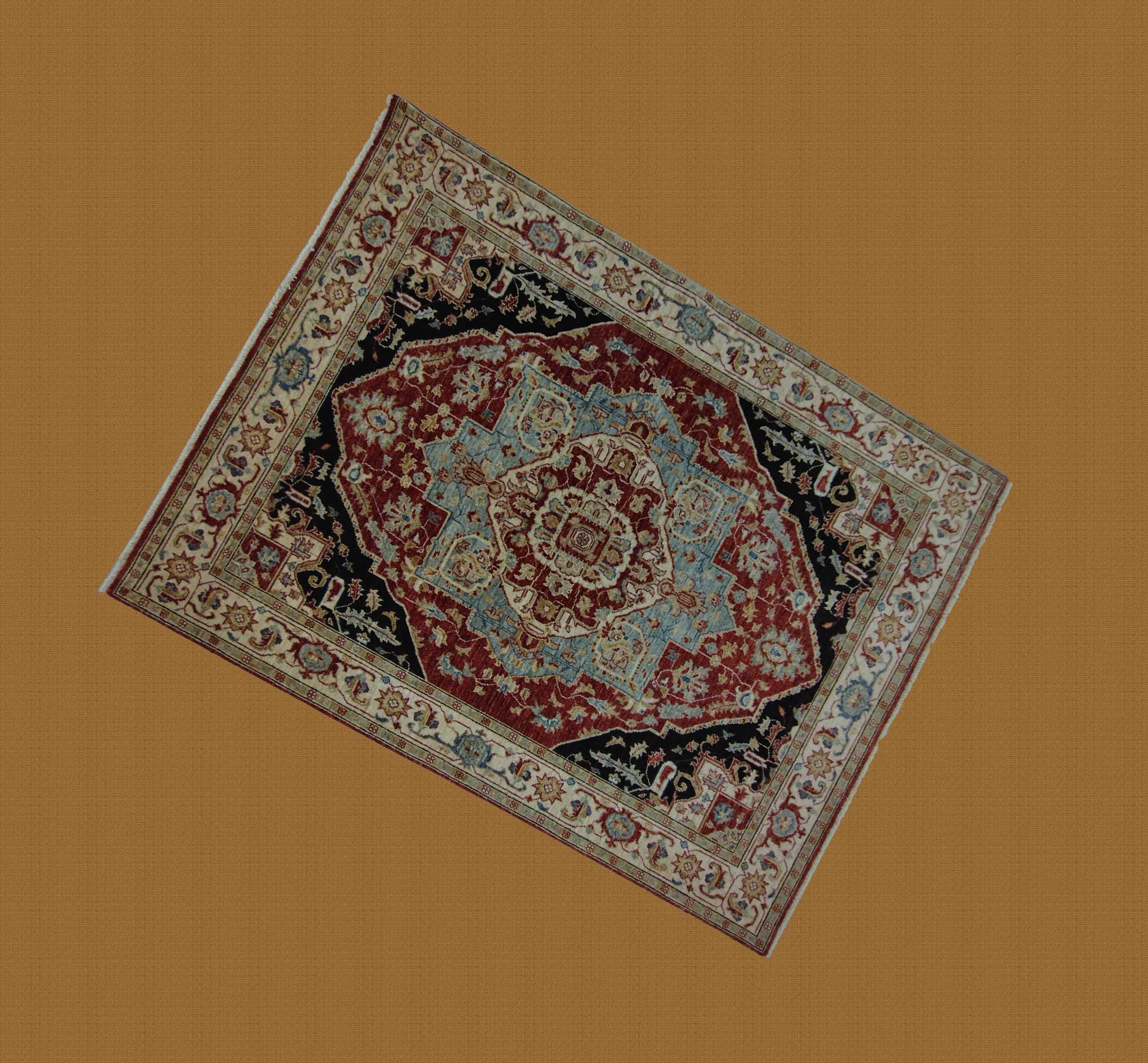 4'X7' Pakistan Serapi Geometrics Red And Blue Oriental Rug – 4' × 7'