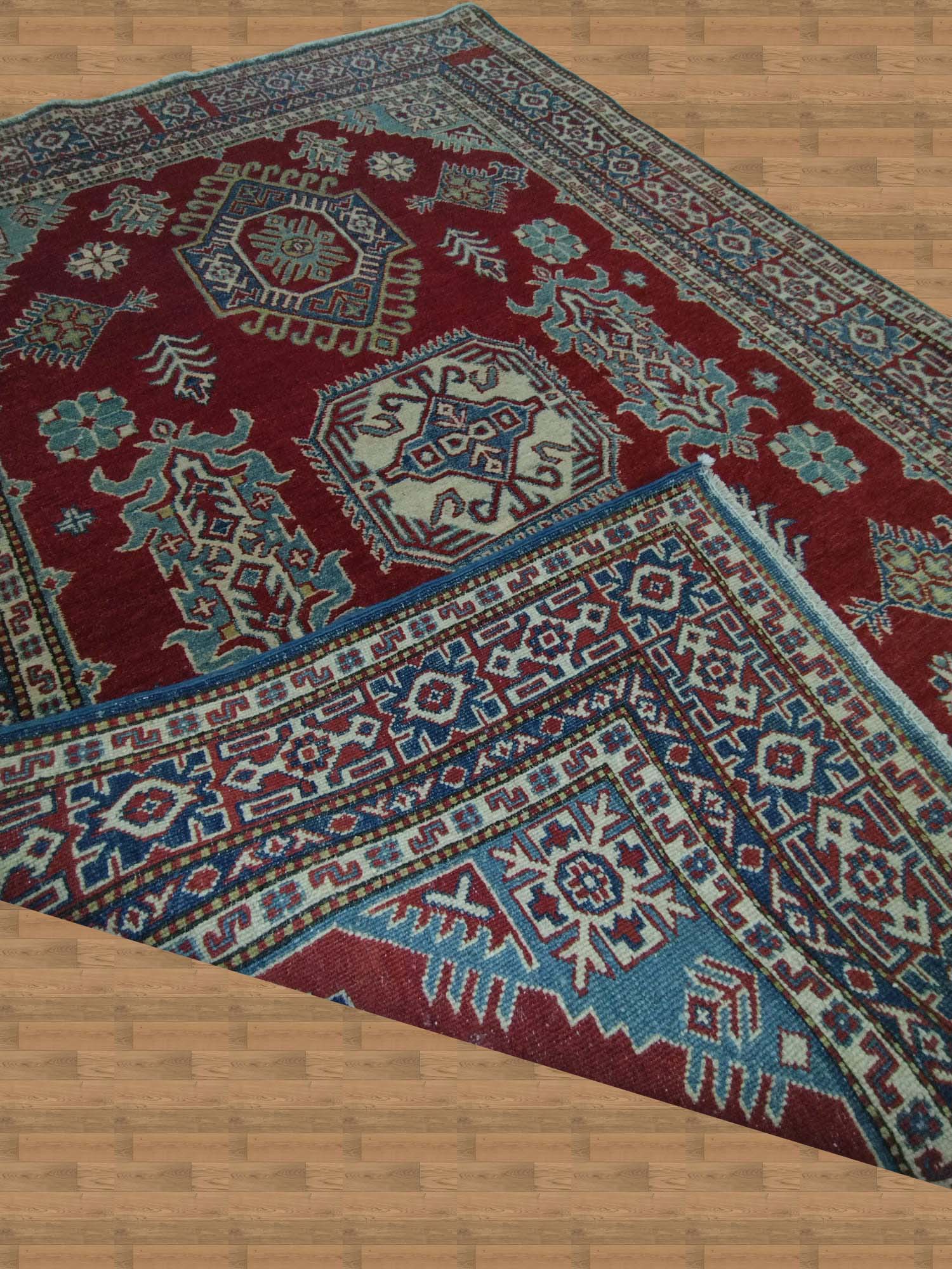 5'X7' Pak Kazak Hand Knotted Sky Blue And Red Rug-1_21 – 5' × 7'