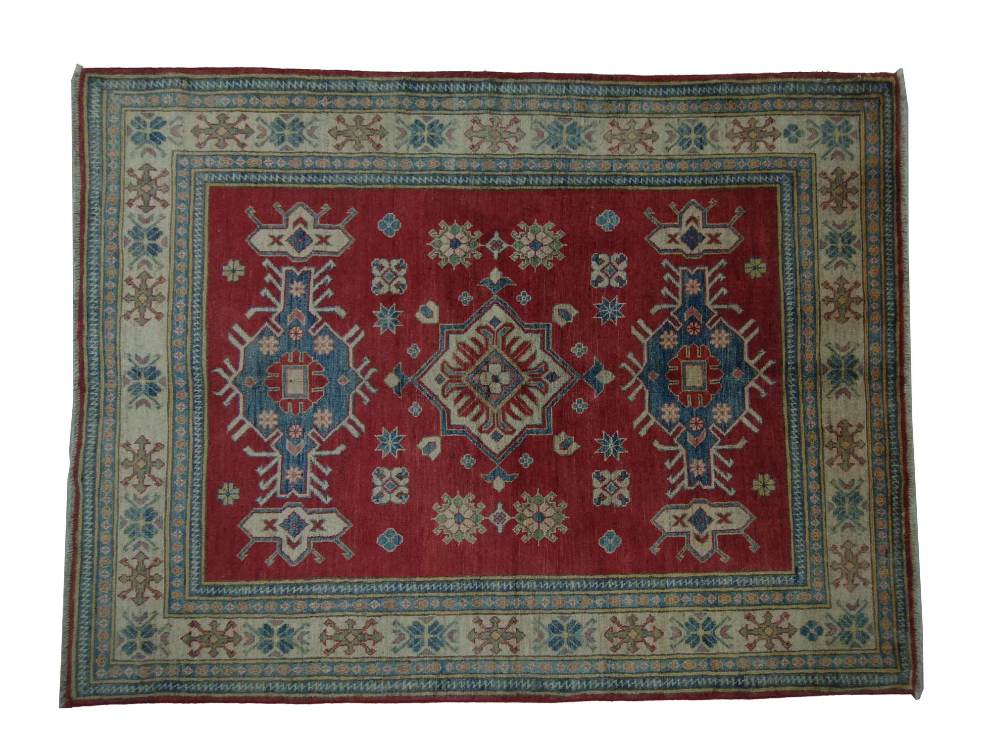 5X7 Pakistan Kazak Hand Knotted Red,Blue And Green Rug-64_21 – 5' × 7'