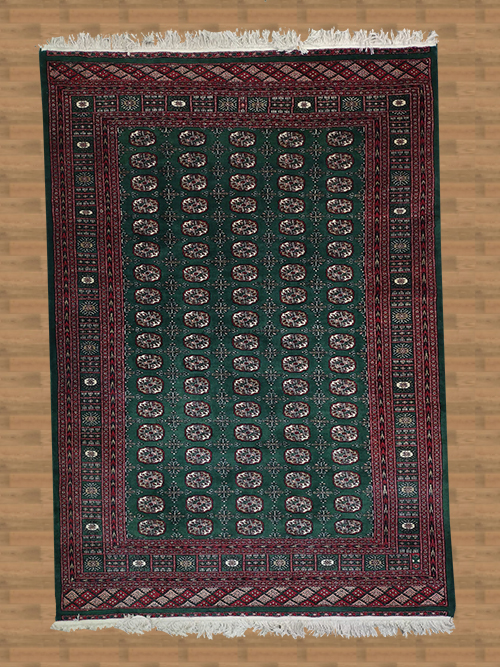 6'1"X8'7" Pakistan Bukhara Tribal Handmade Green And Red Area Rug – 6'1" × 8'7"