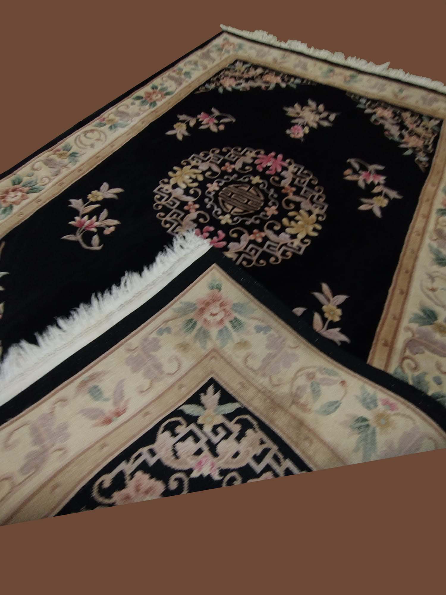 6'X9' China Handmade Black And Pink Floral Area Rug – 6' × 9'