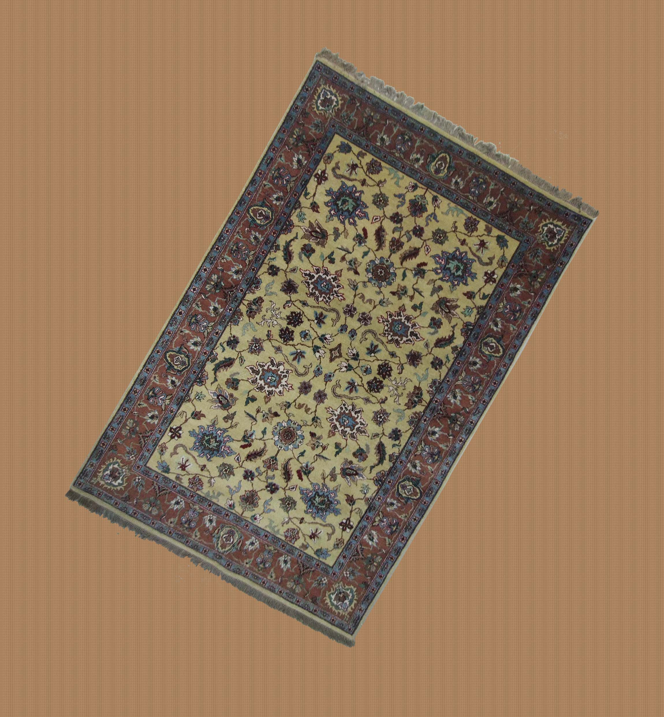 6X9 India Handmade Bole Brown And Light Yellow Floral Area Rug – 6' × 9'