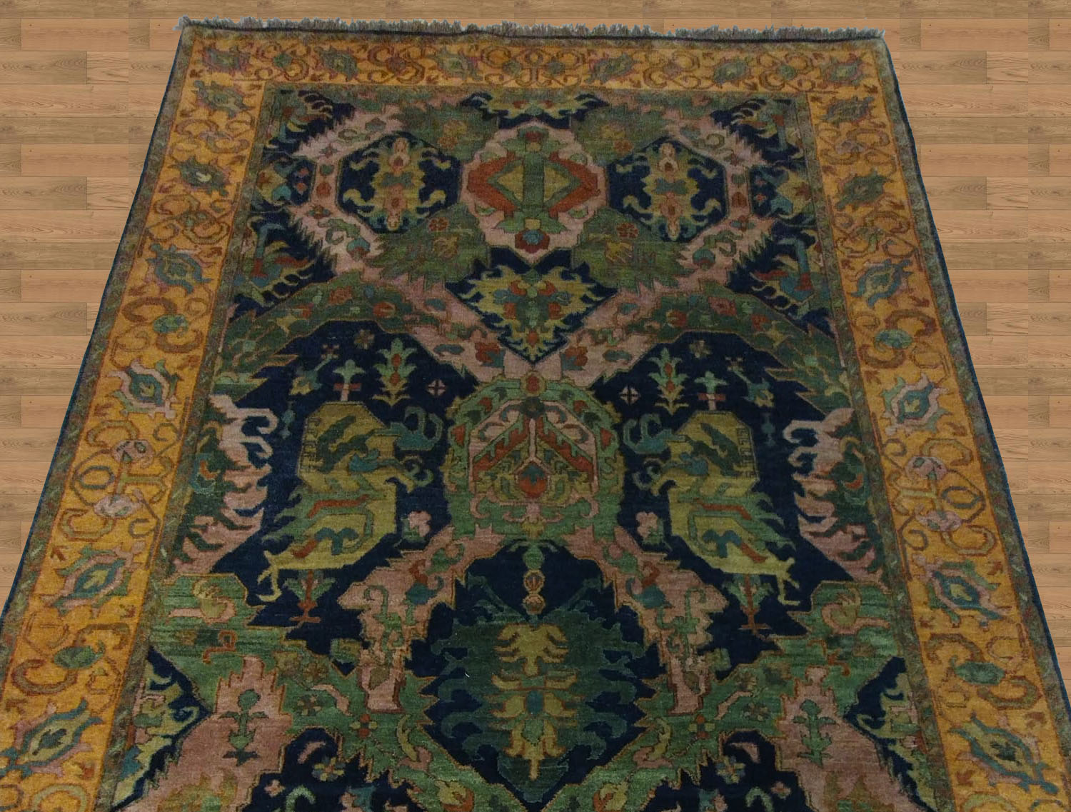 6X9 Indian Hand Knotted Blue Mustard And Green Floral Area Rug – 6' × 9'