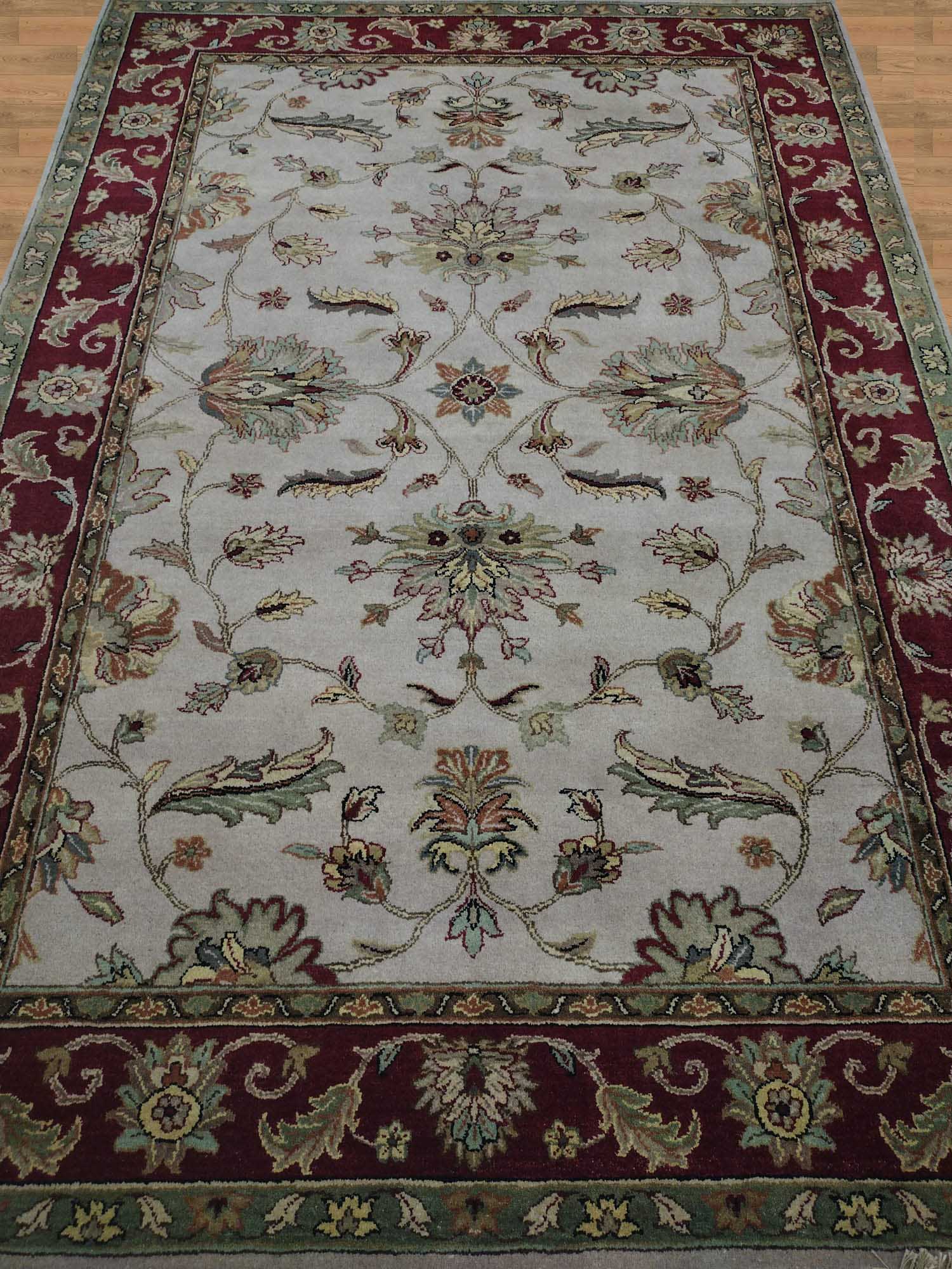 6'X9' Indian Handmade Burgundy Green And Tan Floral Area Rug – 6' × 9'
