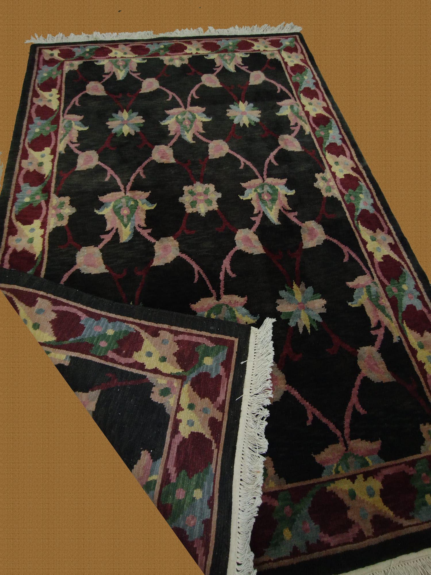 6'X9' Nepal Handmade Pink,Black And Maroon Floral Rug – 6' × 9'