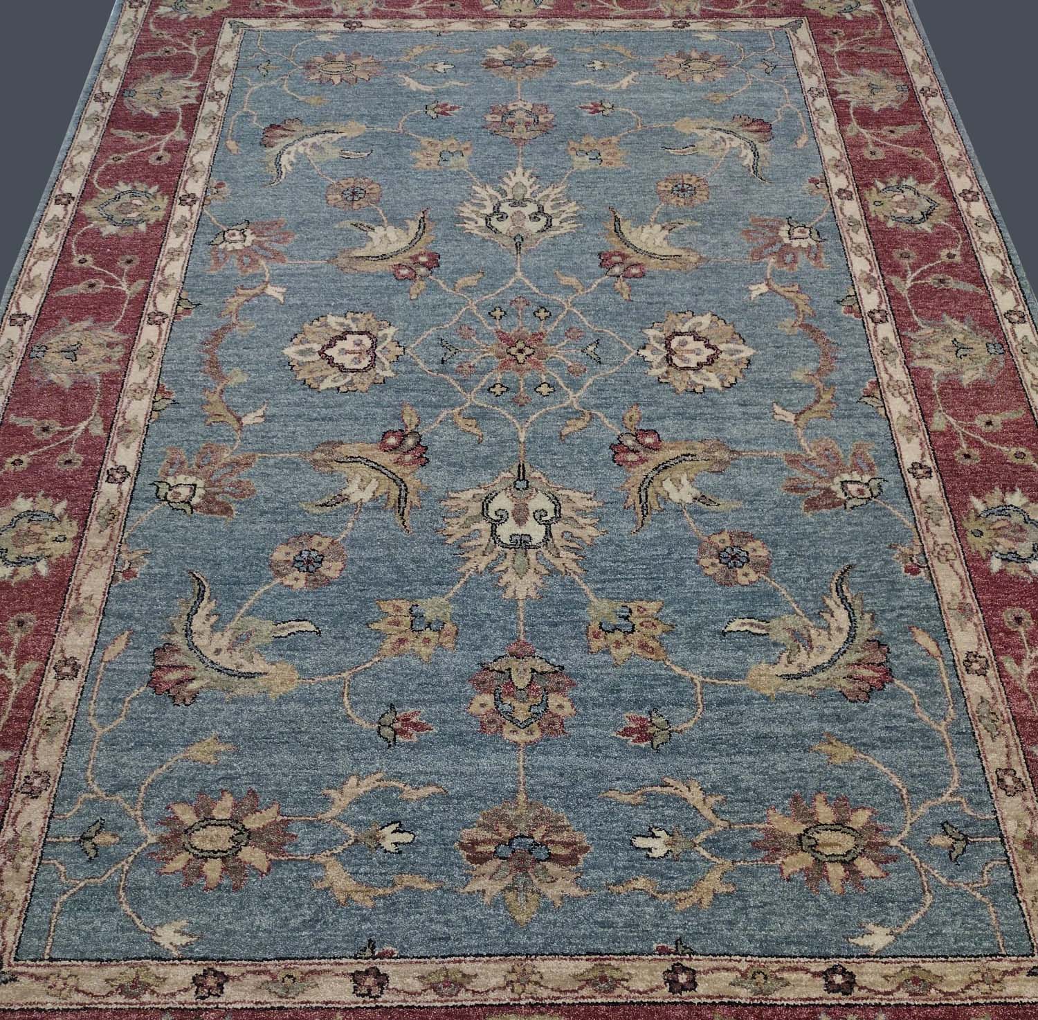 6X9 Pakistan Handmade Garnet Red And Stone Blue Floral Rug – 6' × 9'