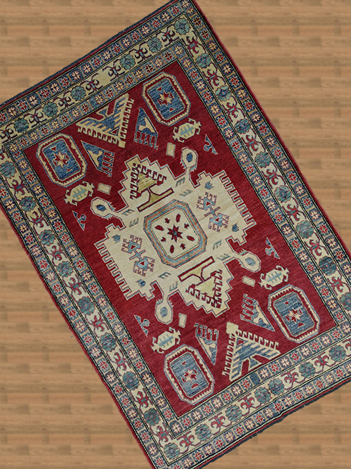 6'X9' Pakistan Kazak Handmade Red And Blue Area Rug-4_21 – 6' × 9'