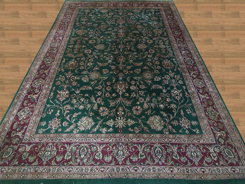 8'6"X11'6" Woolen India Kashan Handmade Green Floral Rug – 8'6" × 11'6"