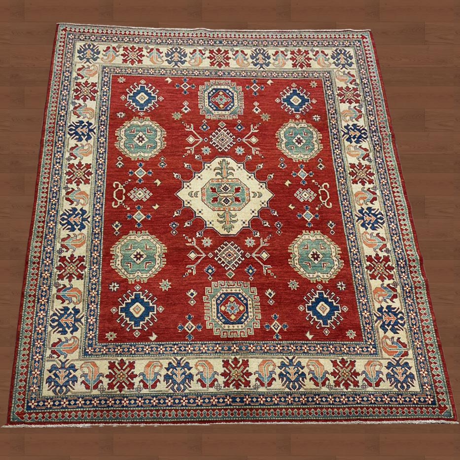 8X10 Pak Kazak Handmade Red/Blue Geometric Area Rug – 8' × 10'