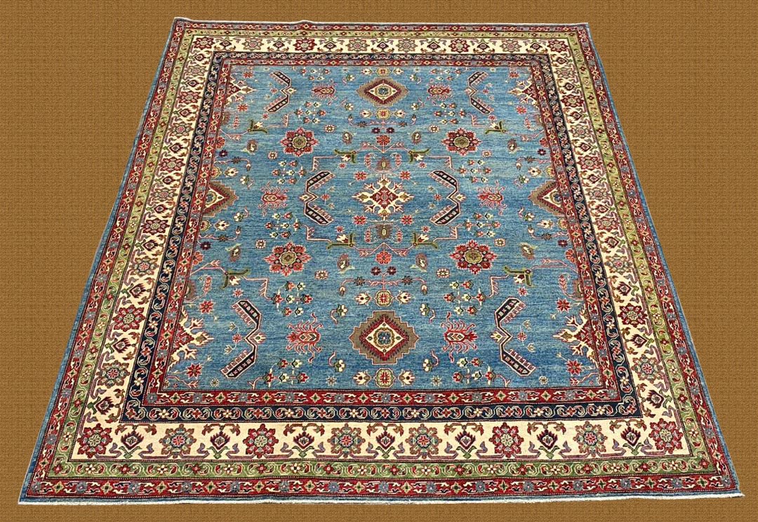 8x10 Pakistan Super Kazak Hand-Knotted Blue Gray/Almond Area Rug – 8' × 10'