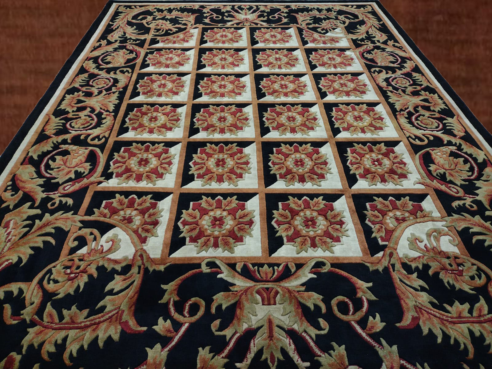 9'2"X12'6"Nepal Handmade Black/White/Maroon Floral Area Rug – 9'2" × 12'6"