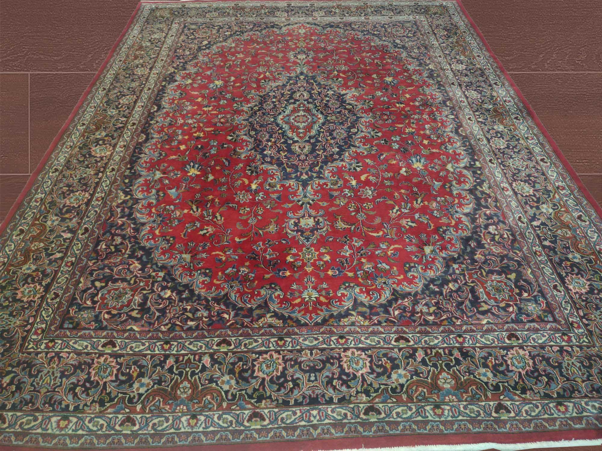 9'6"X13'0" Red/Blue Kashan Persian Handmade Area Rug – 9'6" × 13'