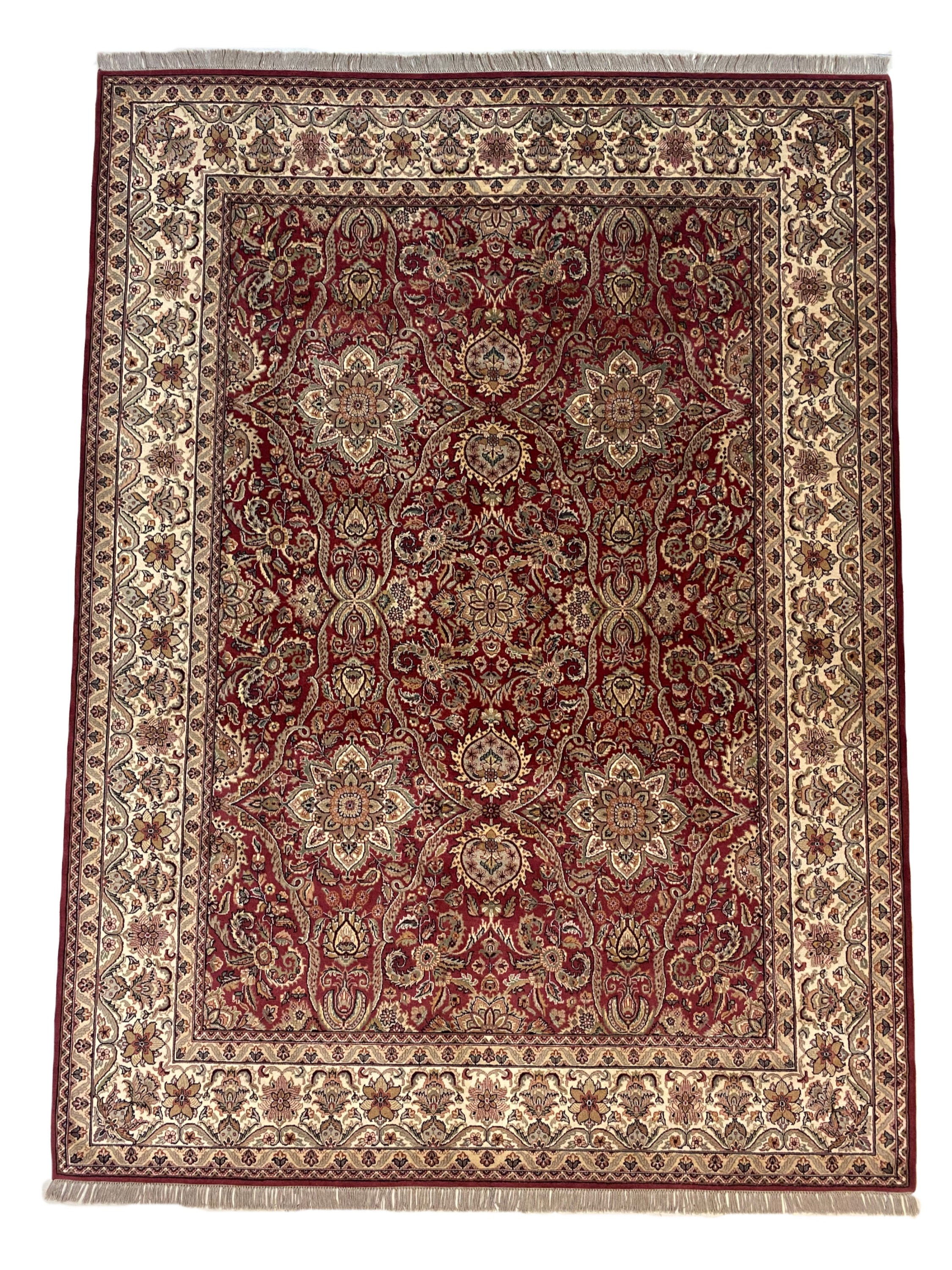 Burgundy and Creme Handmade Indian Rug
